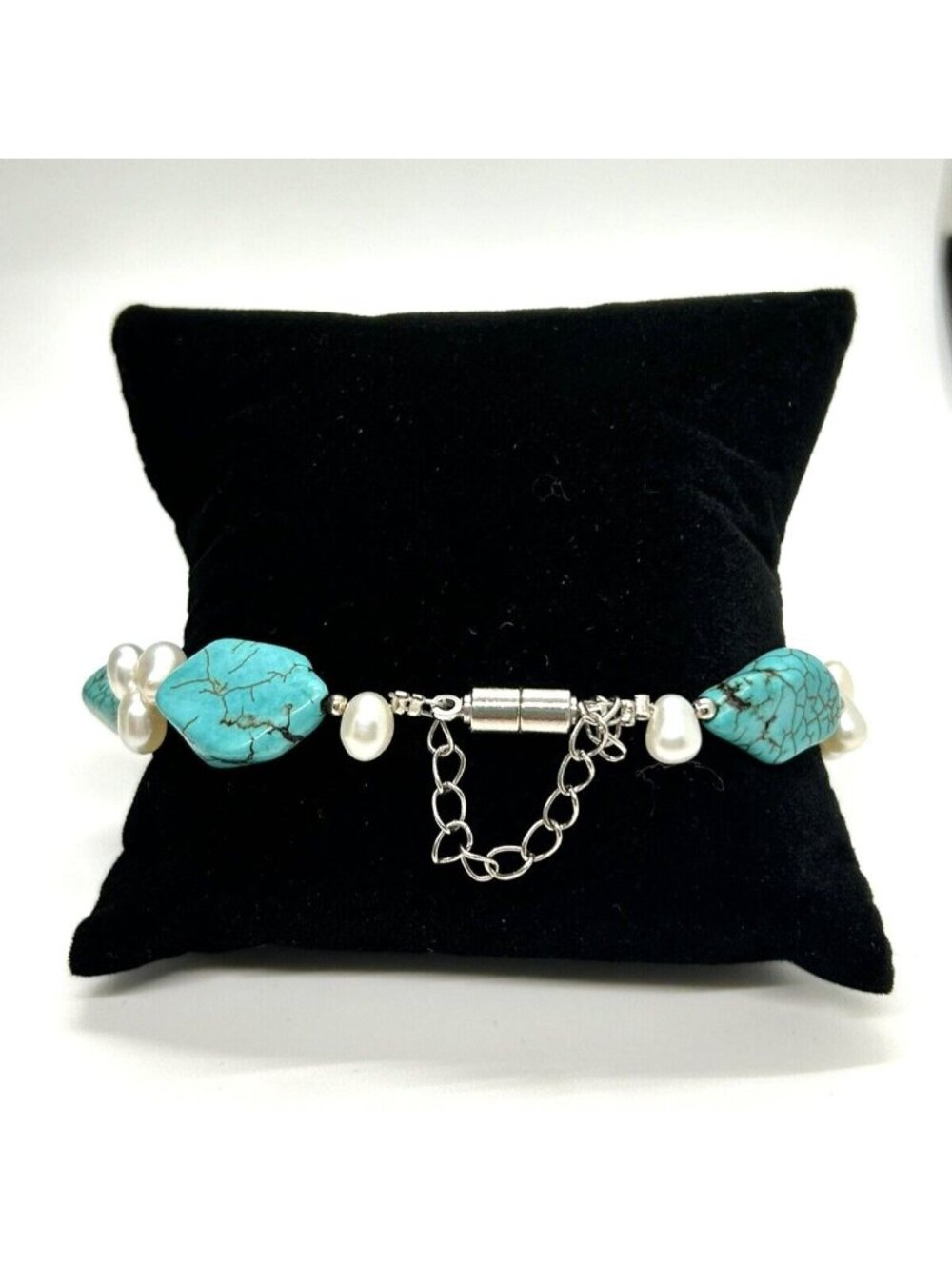 Turquoise Color Stone Freshwater Pearl Necklace Bracelet Earrings Jewelry Set - Picture 4 of 6